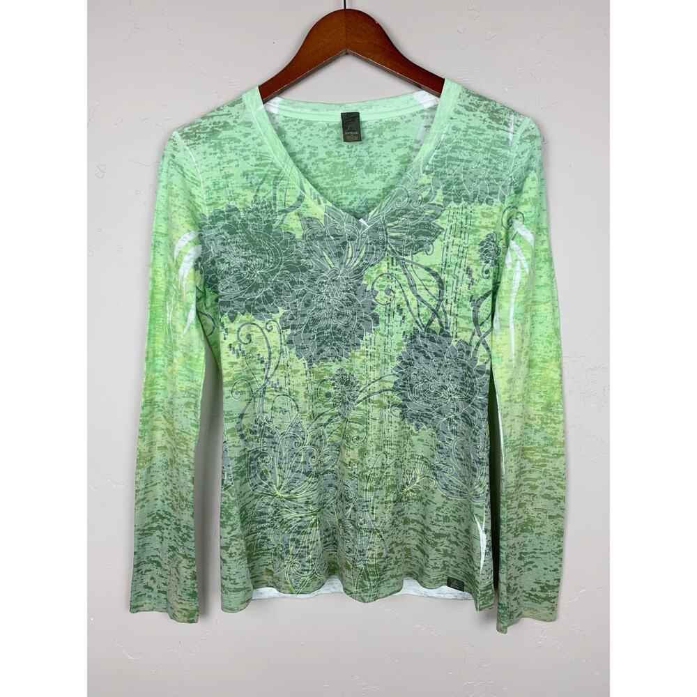 Prana Lotus Long Sleeve Top Green Ivy Burnout Fabric Tee Women's M
